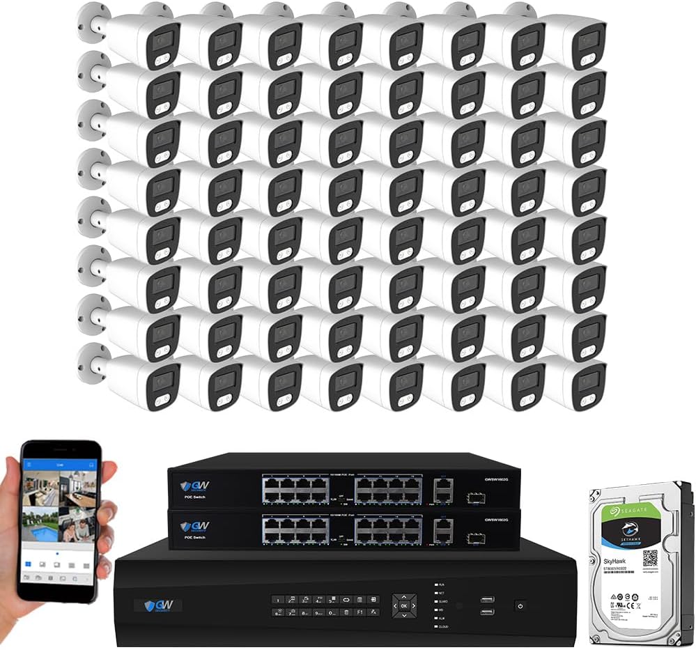 GW Security 64 Channel 12MP NVR 4K Security Camera System with 64 x 8MP PoE Spotlight Color Night Vision Outdoor/Indoor Microphone Bullet Cameras, Smart AI Human/Vehicle Detection