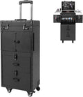 Rolling Makeup Case with Wheels and Locks, Cosmetology Case Makeup Train Case for Salon Barber, Hairdressing Rolling Case Trolley with Hair Dryer Holder and Extendable Tray