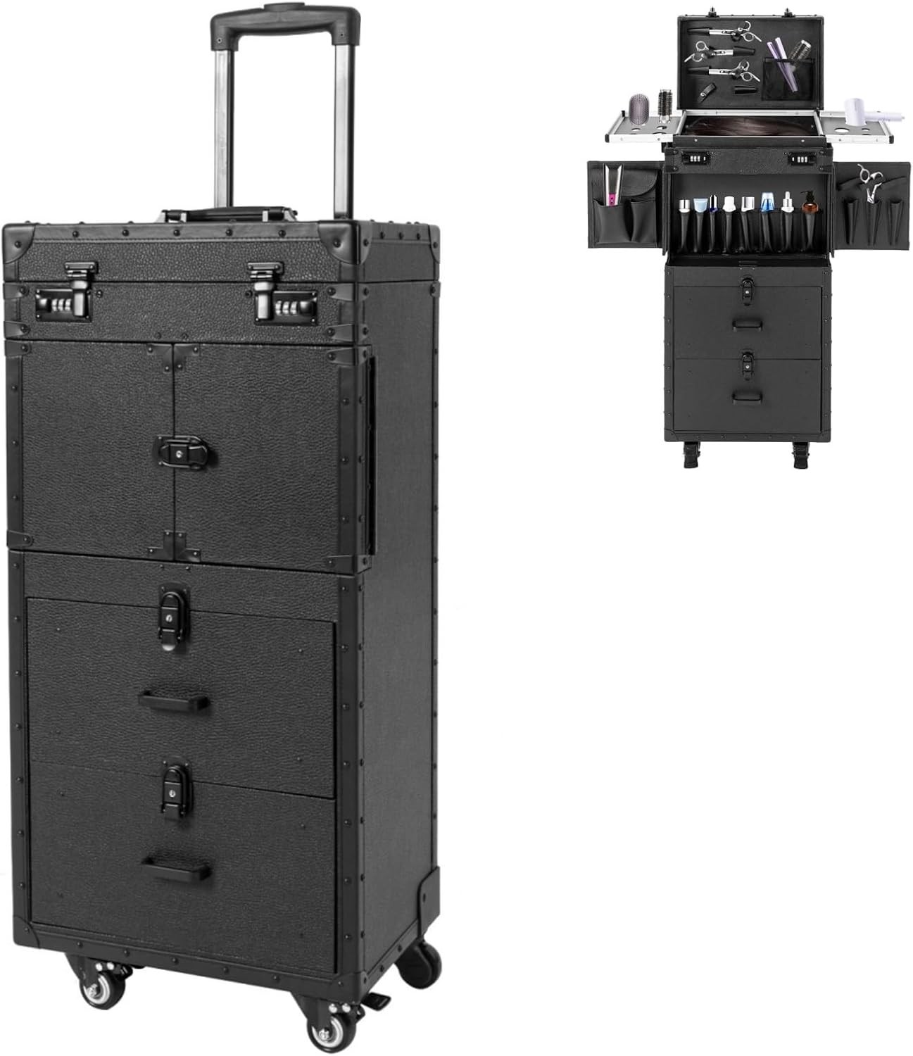 Rolling Makeup Case with Wheels and Locks, Cosmetology Case Makeup Train Case for Salon Barber, Hairdressing Rolling Case Trolley with Hair Dryer Holder and Extendable Tray