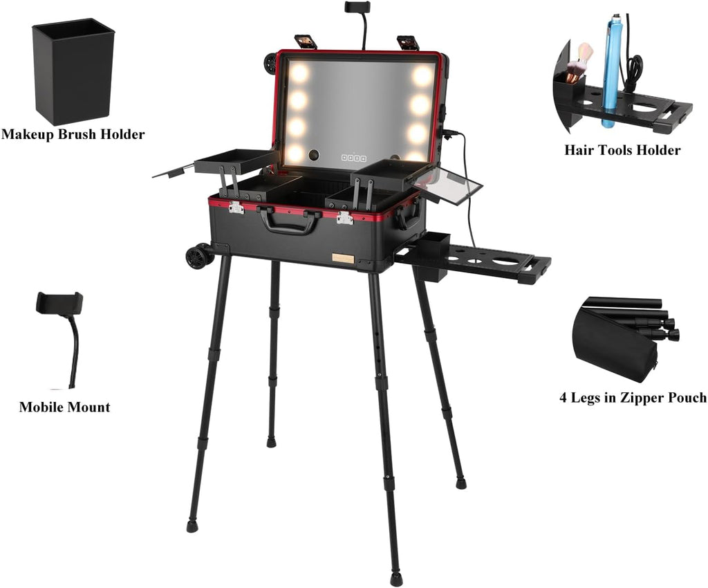 20' Aluminum Ligthed Makeup Train Case with LED Lights Professional Cosmetic Organizer Studio with Speaker, Wheels and Stands Rolling Trolley Makeup Vanity Station for Travel (Black)