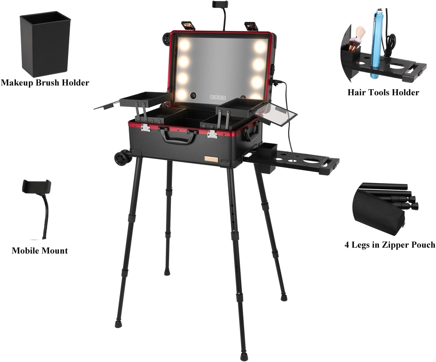 20' Aluminum Ligthed Makeup Train Case with LED Lights Professional Cosmetic Organizer Studio with Speaker, Wheels and Stands Rolling Trolley Makeup Vanity Station for Travel (Black)