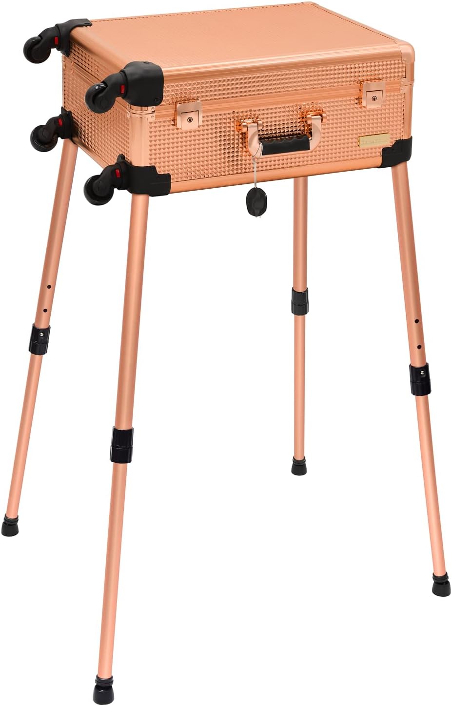 Aluminum Trolley Makeup Train Case with LED Lights Professional Cosmetic Organizer Studio with Speaker, Wheels and Stands Rolling Lighted Makeup Vanity Station for Travel (Rose Gold)