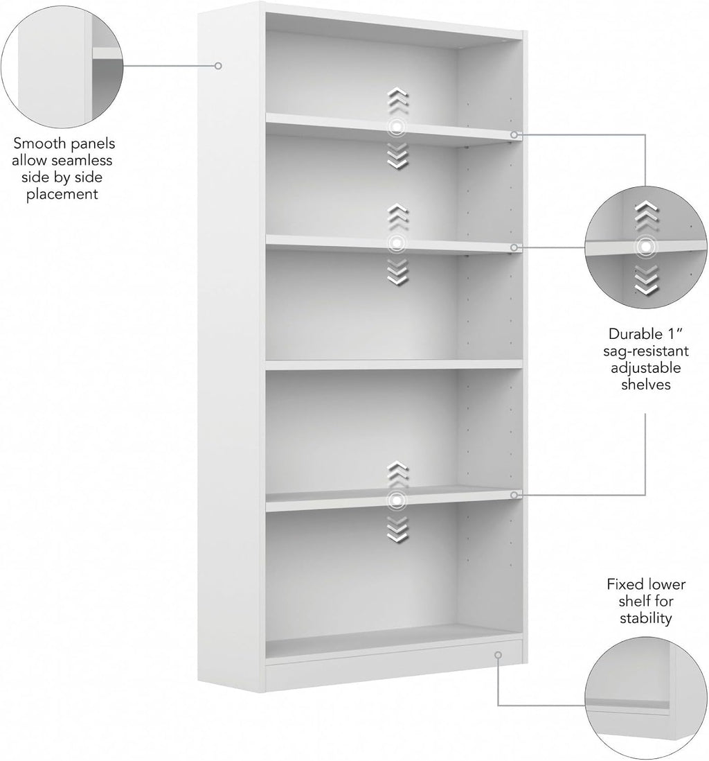 Bush Home Tall 5 Shelf Bookcase, 5 Tier Bookshelf Storage Cabinet with Adjustable Shelves for Living Room, Bedroom or Home Office, Universal Collection, White