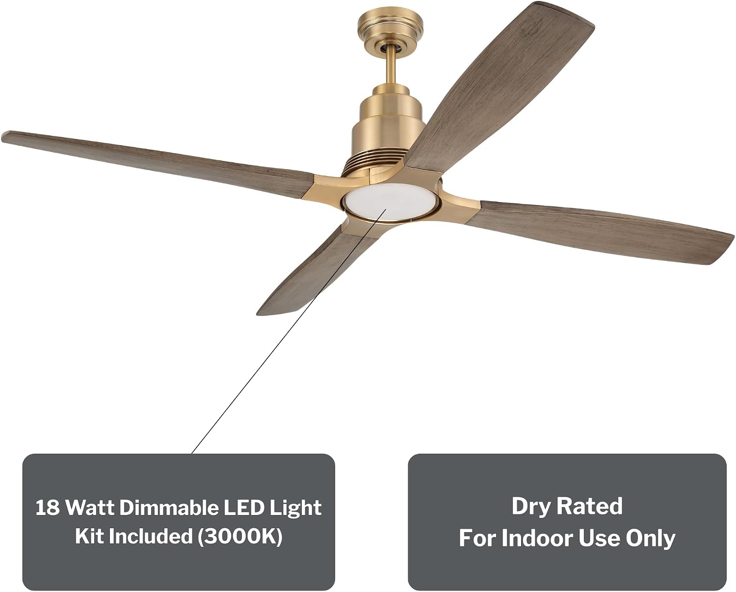 Craftmade RIC60SB4 | 60″ Satin Brass Ceiling Fan with Integrated LED Light (1005 Lumens, 3000K) | 4 or 2 - Blade Driftwood Finish | 6-Speed Reversible DC Motor | Dual-Mount Ceiling Fan | Indoor Use