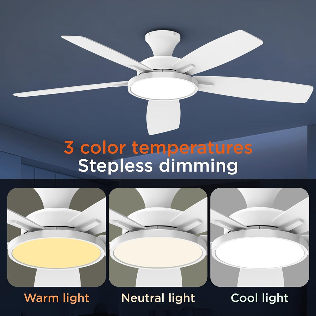 TALOYA 52 inch Ceiling Fans with Lights and Remote, Low Profile Ceiling Fan with Light, Flush Mount, Reversible, 3CCT, Dimmable, Ultra Quiet White Ceiling Fan for Bedroom Living Room Indoor Outdoor
