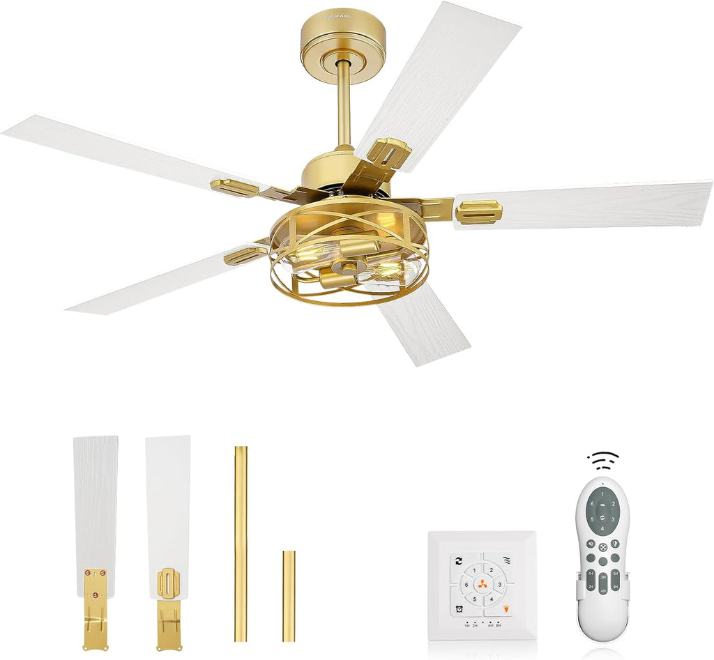 YOUKAIN 48 Inch Ceiling Fans with Lights, Farmhouse Ceiling Fans with Wall Switch and Remote Control, 5-Reversible, Gold Finish, Outdoor Ceiling Fan for Cover Patio, 48-YJ632-GDW-WS