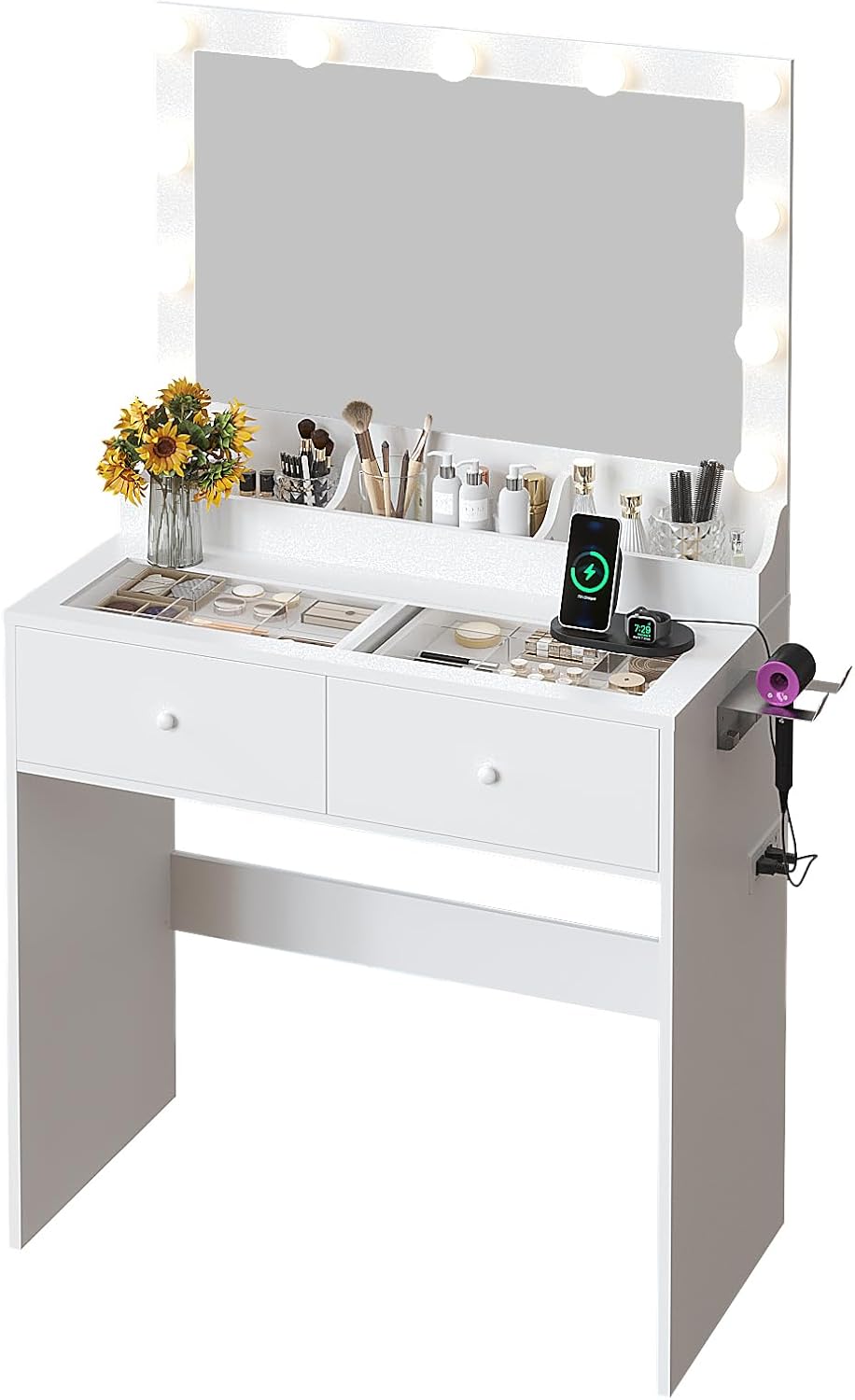 VINGLI 31.5' Small Vanity Desk with Mirror and Lights, Glass Top Makeup Vanity Table, White Dressing Table w/Hollywood Bulbs & Big Mirror, Corner Vanity for Bedroom, Girls Vanities