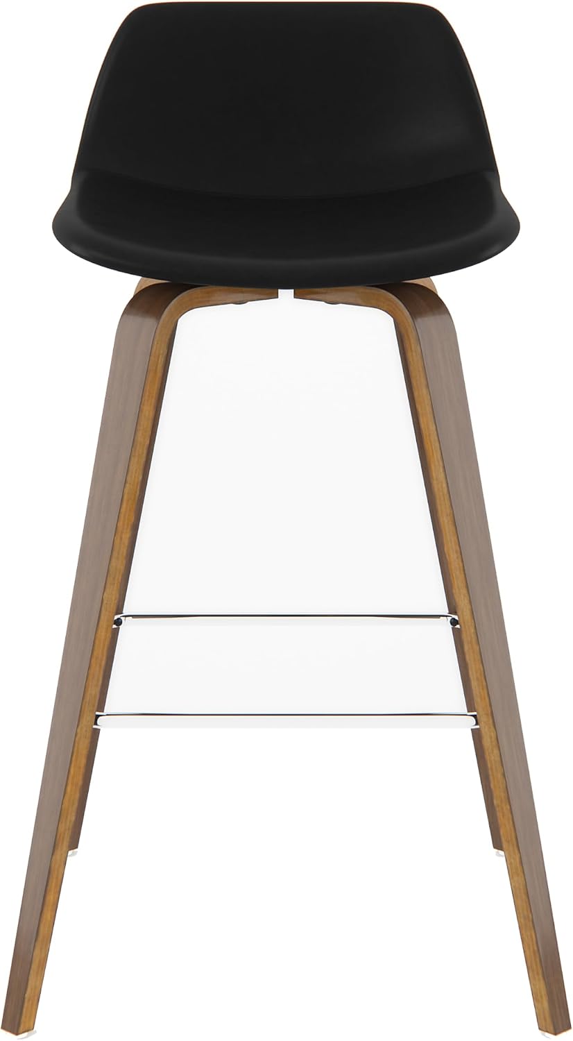 SIMPLIHOME Randolph Counter Stools (Set of 2) - 28 Inch Seat Height Upholstered Bentwood Bar Stools in Black Vegan Faux Leather, Mid Century Modern Seating with Curved Backrest and Chrome Footrest