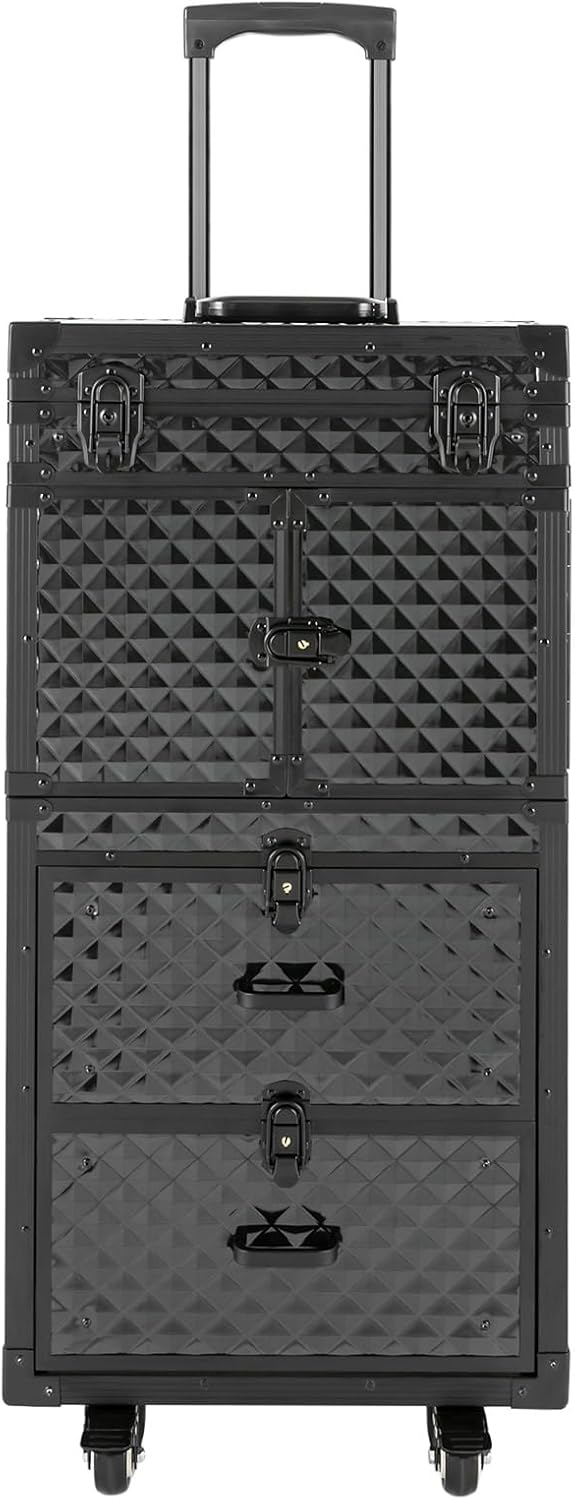 Rolling Makeup Train Case, Aluminum Cosmetic Organizer Box Rolling Lockable Makeup Case with 4 Universal Wheels Large Professional Cosmetology Case Multi-Functional Cosmetic Train Case Black
