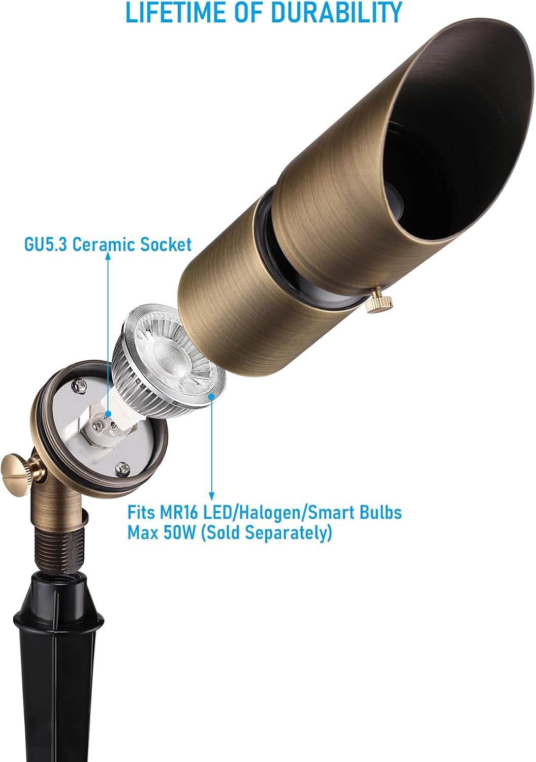 LEONLITE Adjustable Solid Cast Brass Landscape Spotlights, Low Voltage Landscape Light, 12V Directional Uplights for Tree, Work with MR16 Bulb, (Not Included), IP65, 7.17' Tall, Bronze, Pack of 4