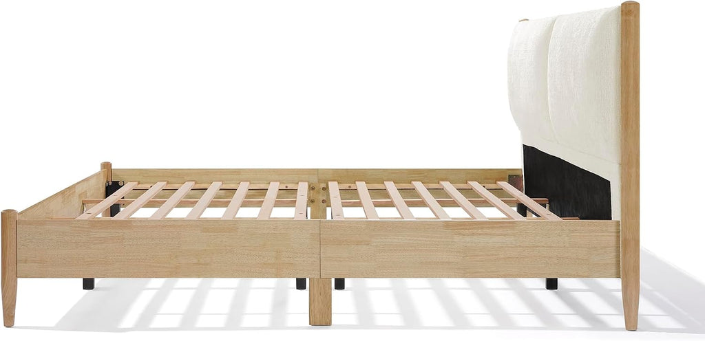Christopher Knight Home Raven Modern King Size Bed Frame with Upholstered Headboard, Natural Wood King Size Platform Bed Frame and Headboard, No Box Spring Needed, Easy Assembly, White+Natural