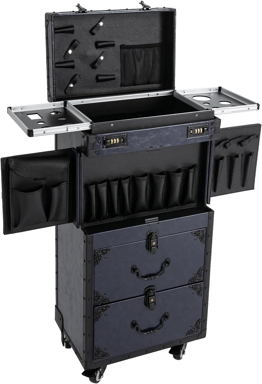 Makeup Case Trolley, Rolling Makeup Case with 4 Universal Wheels Large Professional Cosmetology Case with Sliding Drawer & Keys Multi-functional Cosmetic Train Case Trolley Storage Case Blue