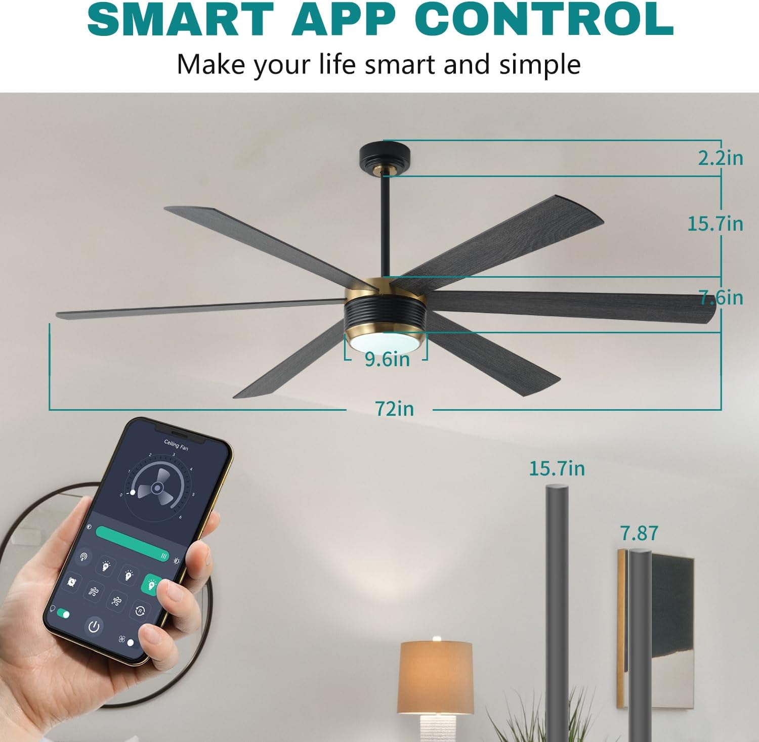 SHOWDI Ceiling Fans with Lights and Remote, Black-Gold 72 in | 2 Blade Color, Metal Material, App Remote Control, Timer, Reversible, 3CCT, Dimmable for Bedroom, Living room, Indoor