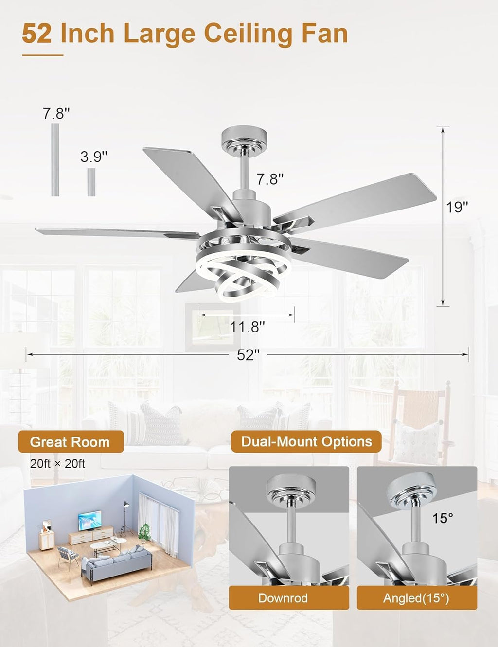 52' Modern Ceilling Fan with Light Chandelier Fan Dimmable Led Fandelier Ceiling Fan with Light for Bedroom, Living Room