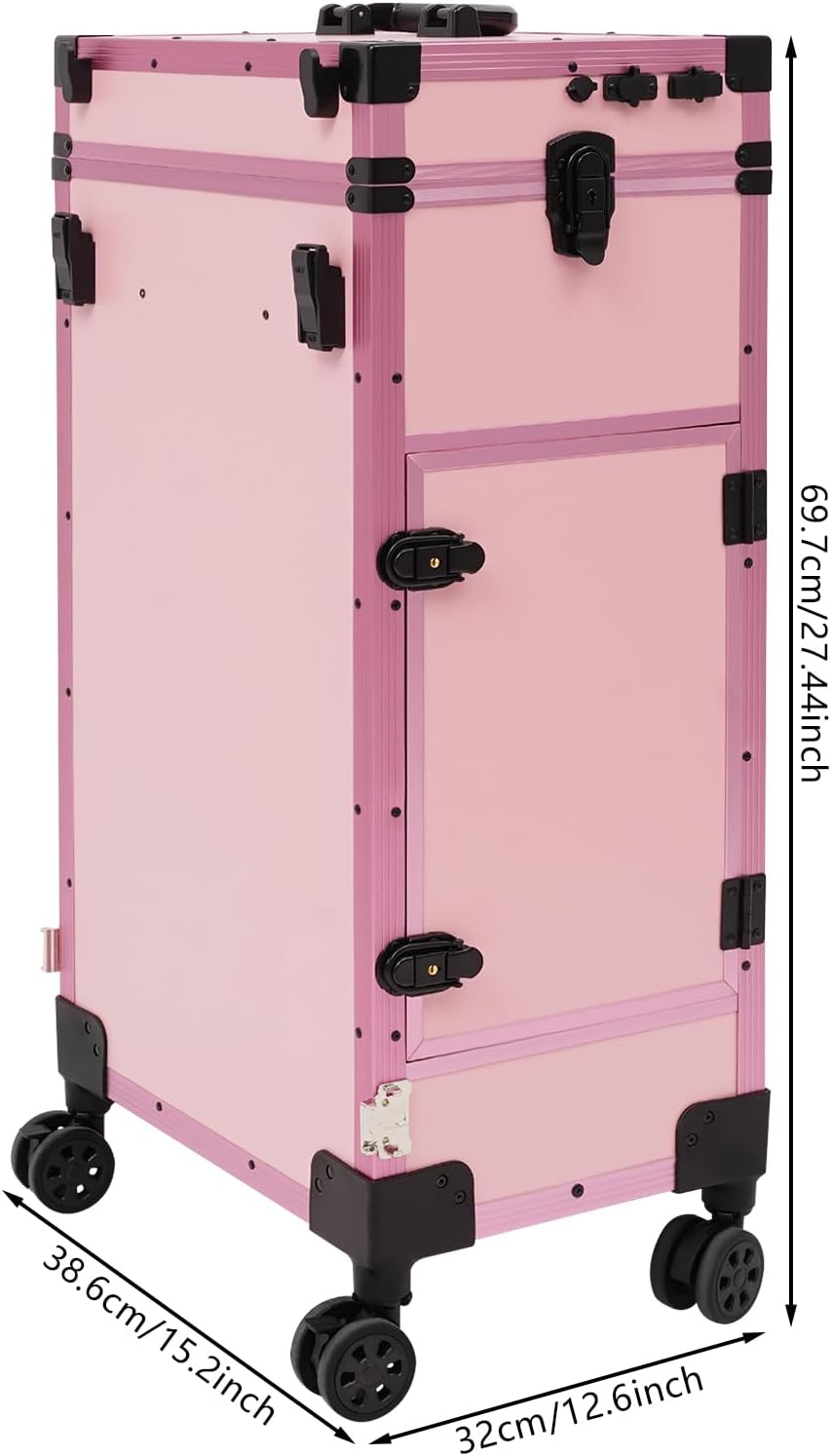 Professional Rolling Makeup Case, Foldable Nail Tables with Detachable Lighted Mirror, Travel Cosmetic Trolley Storage Organizer with Drawers & Bluetooth Speaker, Manicure for Artist (Black, Pink)
