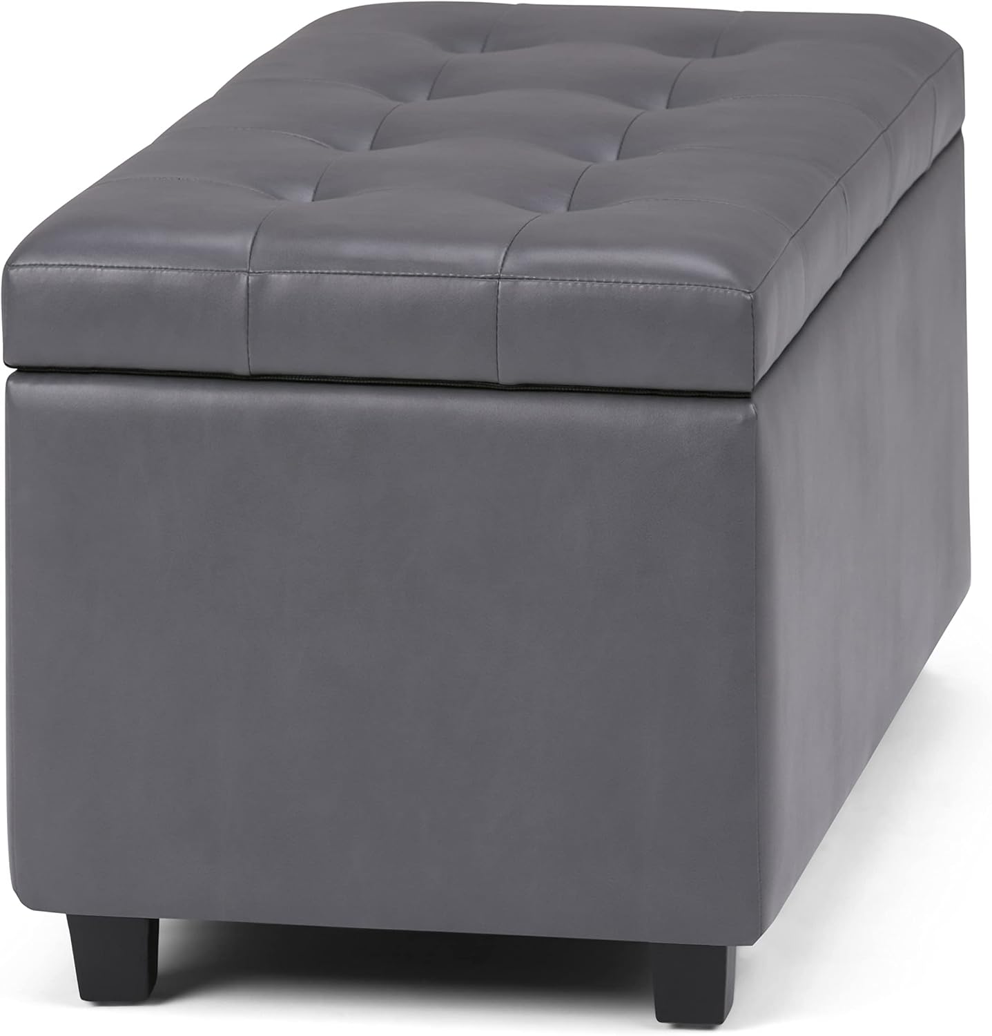 SIMPLIHOME Cosmopolitan Storage Ottoman - 34 inch Wide Upholstered Vegan Leather Rectangle Storage Ottoman Bench in Stone Grey, Transitional Tufted Ottoman for Living Room or Entryway with Lift-Up Lid