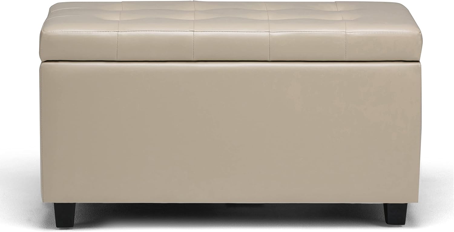 SIMPLIHOME Cosmopolitan Storage Ottoman - 34 inch Wide Upholstered Vegan Leather Rectangle Storage Ottoman Bench in Satin Cream, Transitional Tufted Ottoman for Living Room with Lift-Up Lid