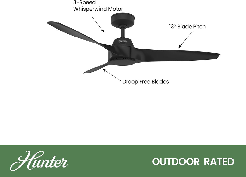 Hunter Fan 52 Inch Matte Black Ceiling Fan with 3 Blades, Indoor/Outdoor Ceiling Fan for Living Room, Bedroom, Farmhouse, Kitchen, Patio (Renewed)