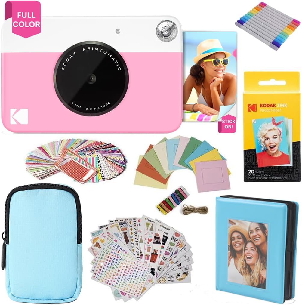 KODAK Printomatic Full-Color Instant Print Camera Gift Bundle + Soft Case + Zink 2x3 Sticky Back Photo Paper 20pk + Album + Sticker Sets + Sticker Frames + Markers + Hanging Frames, Fun Gift - Pink