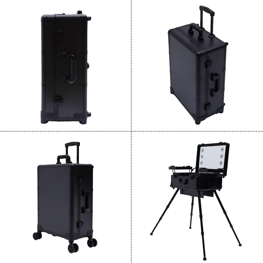 Makeup Case with Light and Mirror,Professional Rolling Makeup Train Case Large Travel Trolley Cosmetic Storage Case Salon Station, 22' Portable Makeup Luggage,Adjustable Legs Lockable