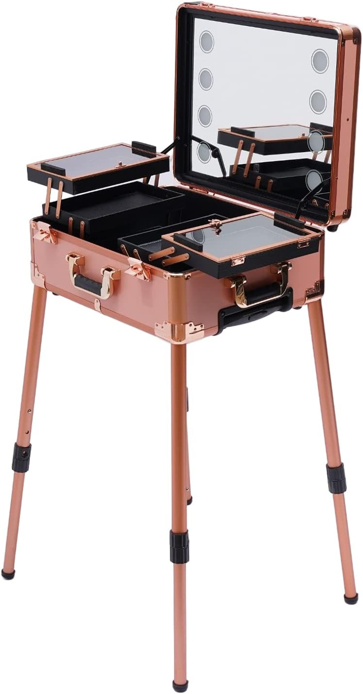 Aluminum Rolling Makeup Train Case with 8 LED Light Mirror Portable Lighted Makeup Vanity Station with Wheels and Stands, Lockable Professional Cosmetic Trolley for Travel (Rose Gold)