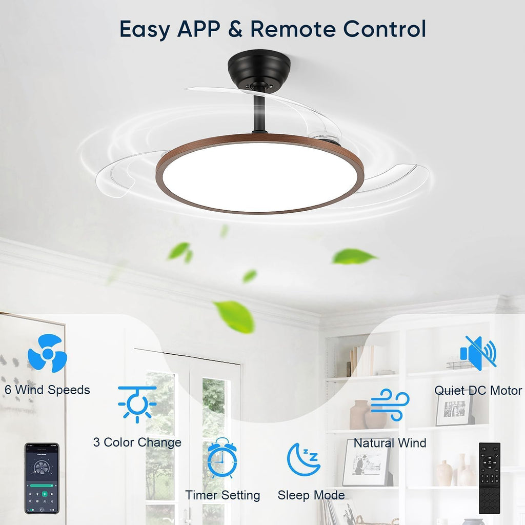 48 Inch Retractable Ceiling Fan with Lights, Fandelier Ceiling Fan for Bedroom Living Room Dinning Room, Chandelier with Fan 6 Speed, 3 Color Temperature, Reversible DC Motor-Black
