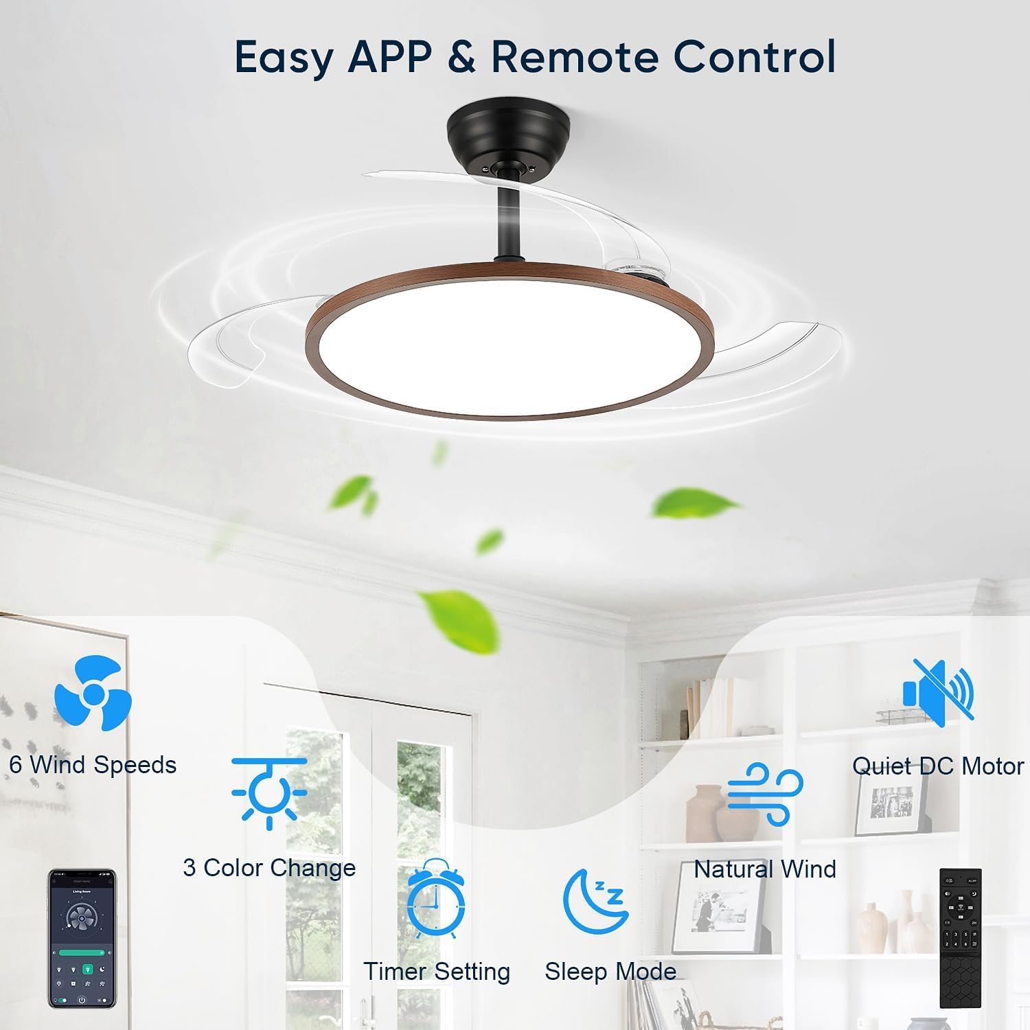 48 Inch Retractable Ceiling Fan with Lights, Fandelier Ceiling Fan for Bedroom Living Room Dinning Room, Chandelier with Fan 6 Speed, 3 Color Temperature, Reversible DC Motor-Black