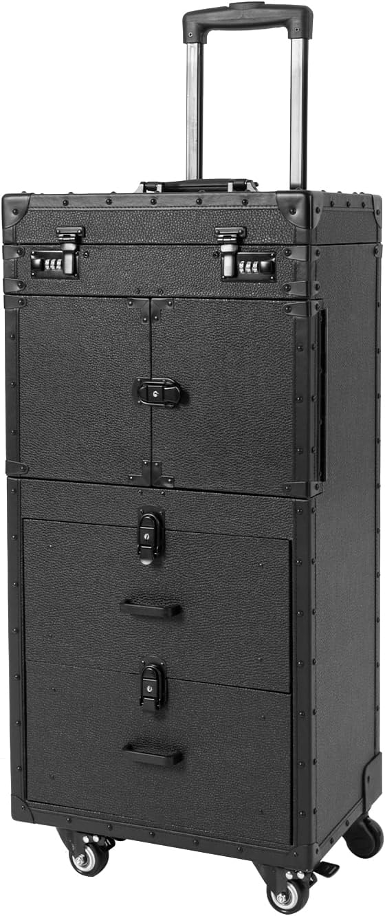 Rolling Makeup Case, Cosmetic Train Cases Professional Hair Stylist Travel Case Nail Salon Cart Trolley Carts With 4 Wheels Rolling Cosmetology Case For Barber Shop Beauty Salon Nail Salon (Black)