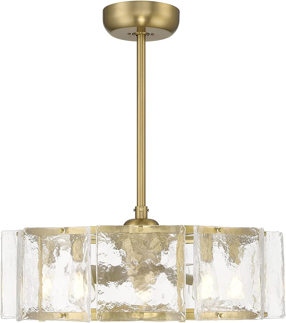 Savoy House 27-FD-8201-322 Genry Fandelier Coastal Clear Water Piastra Glass Drum Chandelier Ceiling Fan with Light and Remote, 5-Light 40 Total Watts, 17' H x 27' W, Warm Brass