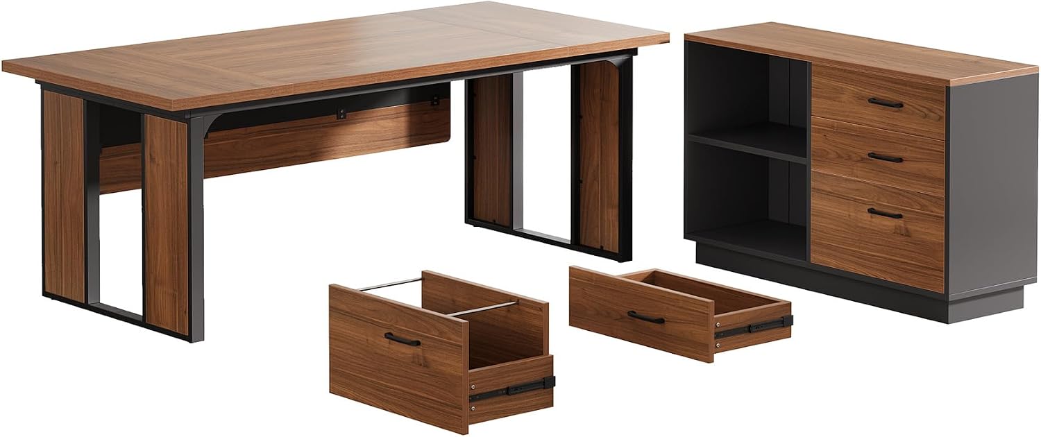 Tribesigns 63'' L-Shaped Executive Desk, Office Table with 39.37-Inch Drawers Cabinet, Large Computer Desk with Storage Shelves, Business Furniture Set for Home Office, Brown & Black