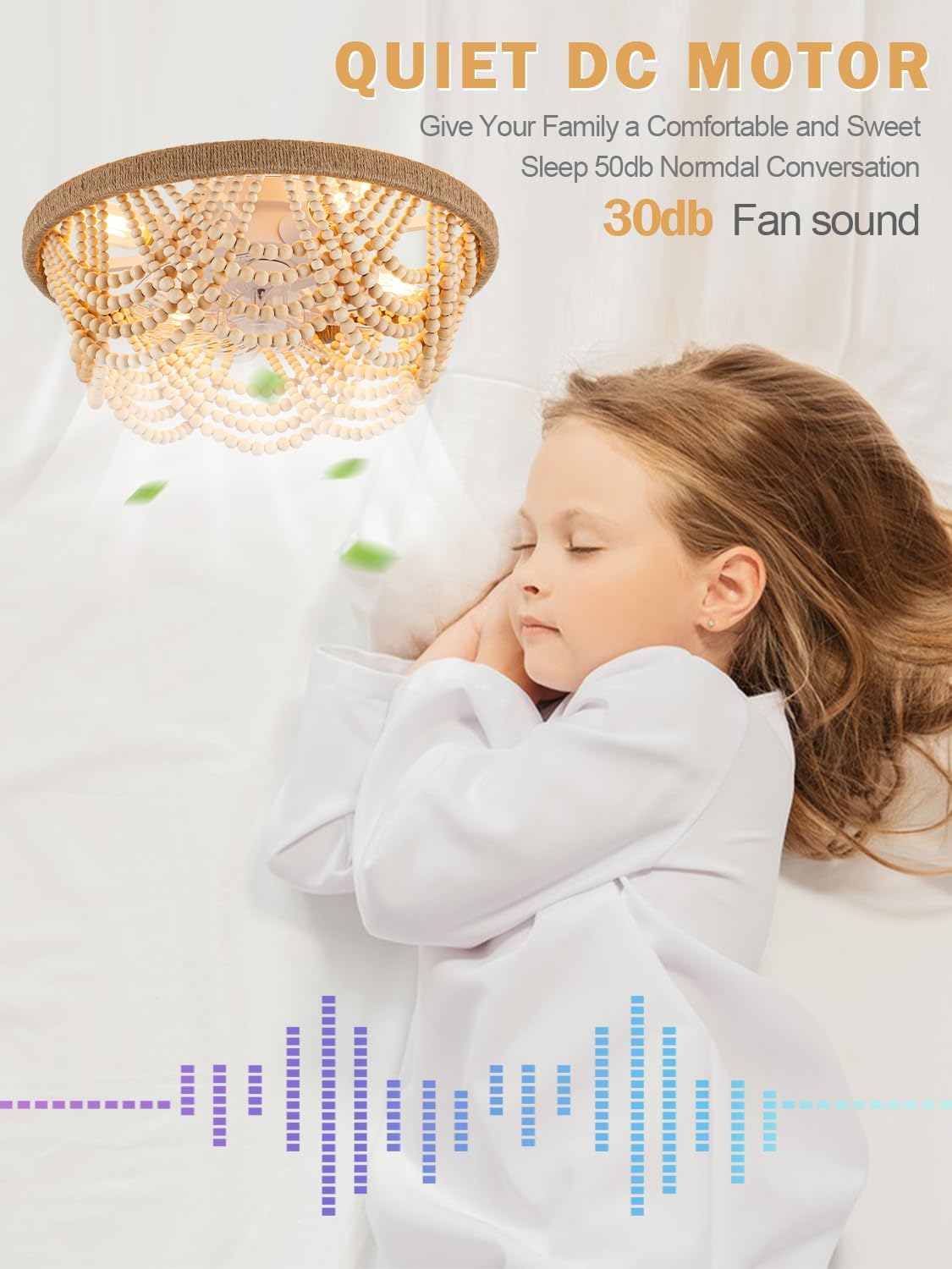 20'' Boho Fandelier Ceiling Fan with Lights Remote Control Flush Mount Chandelier Ceiling Fan for Bedroom Wood Beaded Coastal Chandelier Light for Living Room, 6 Speeds Reversible Quiet