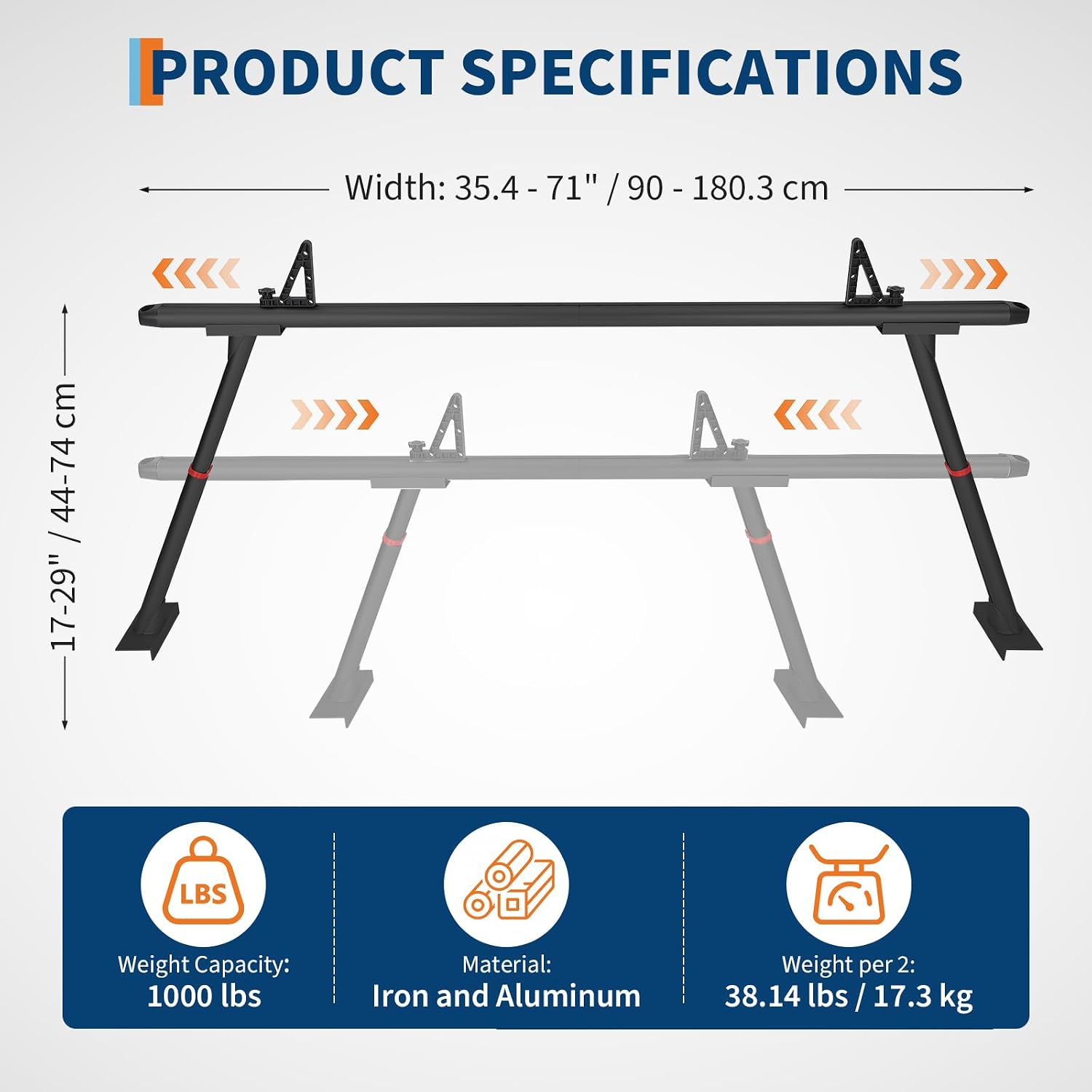 Adjustable Aluminum Pickup Ladder Rack 35.4–71', 800 lb Heavy-Duty Two-Bar Truck Bed Rack with No-Drill C-Clamp Mount, Utility Hauler for Kayaks, Lumber, Surfboards & Ladders - Black