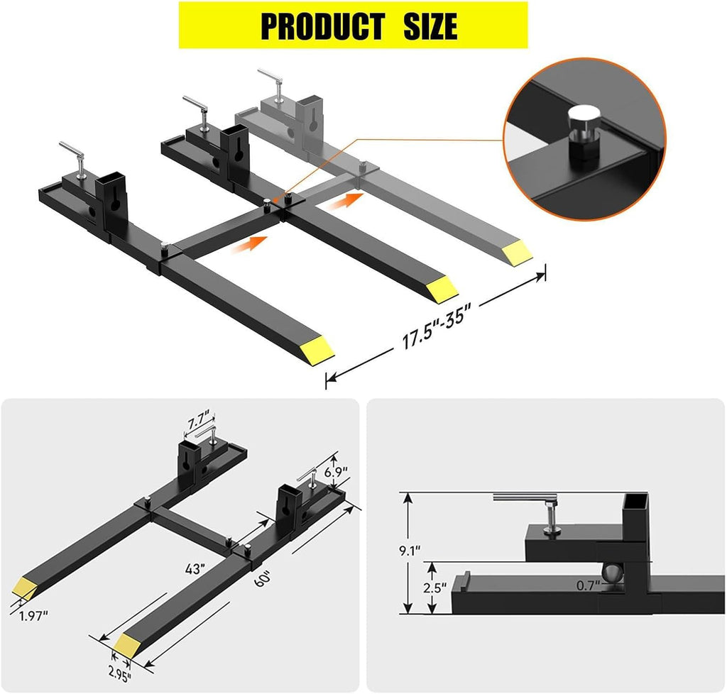 GarveeLife Pallet Forks 60 in 4000 LBS Max, Clamp On Tractor Bucket Forks With Adjustable Stabilizer Bar, Heavy Duty Front Loader Forks, Fork Attachment for Skid Steer, Loader Bucket
