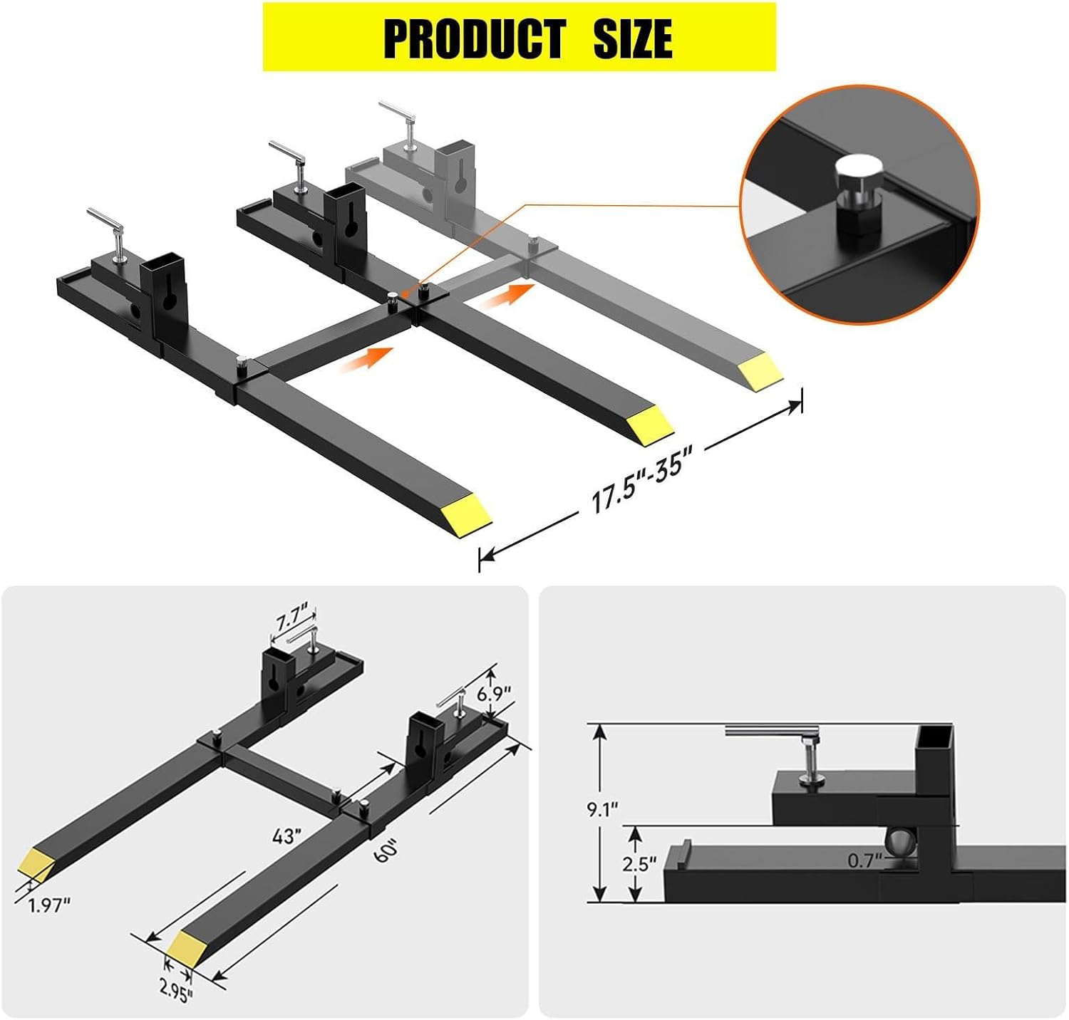 GarveeLife Pallet Forks 60 in 4000 LBS Max, Clamp On Tractor Bucket Forks With Adjustable Stabilizer Bar, Heavy Duty Front Loader Forks, Fork Attachment for Skid Steer, Loader Bucket