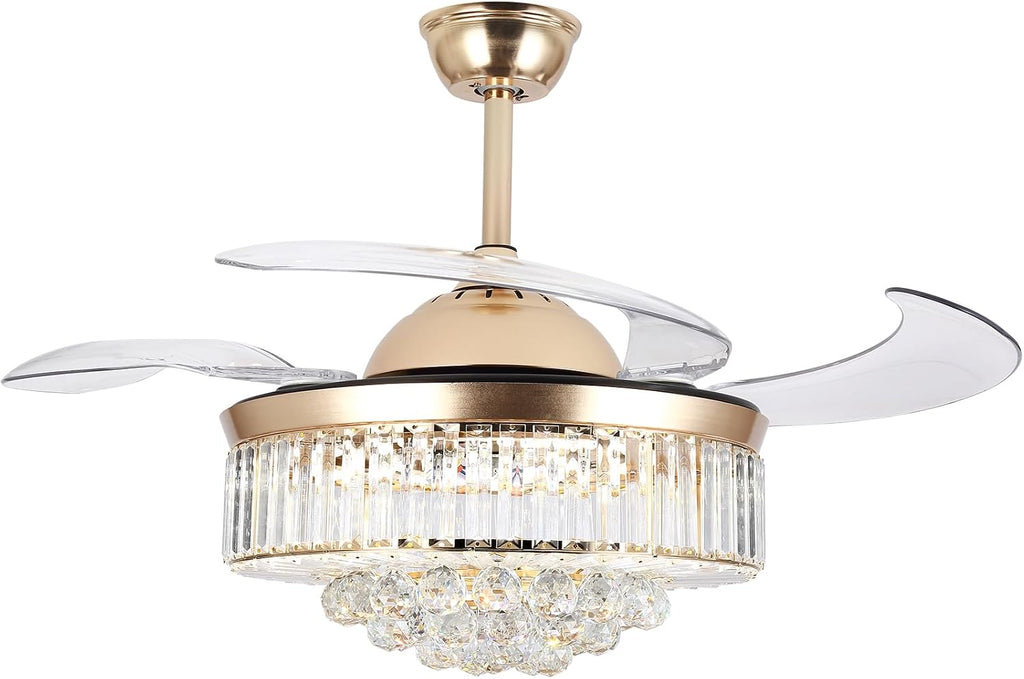 Bavnnro 42'' Fandelier Ceiling Fans with Light, Gold Retractable Crystal Chandelier Fan, Reversible, Remote Control, Dimmable Ceiling Light Kits for Dining Living Room, Bedroom