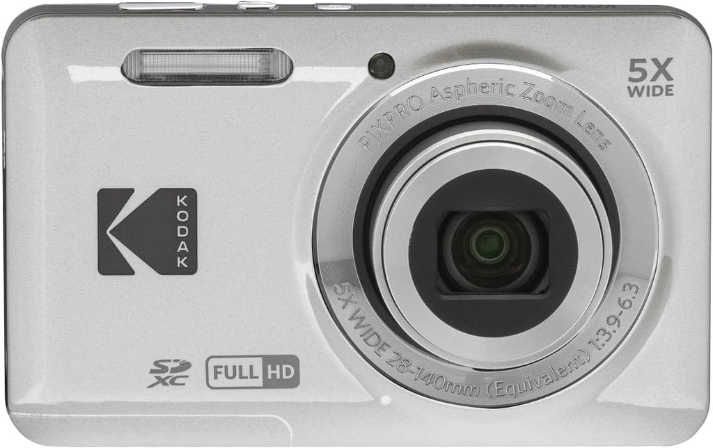 KODAK PIXPRO FZ55-BK 16MP Digital Camera 5X Optical Zoom 28mm Wide Angle 1080P Full HD Video 2.7' LCD Vlogging Camera. Bundle with SD Card and Slinger Camera Bag (Silver)