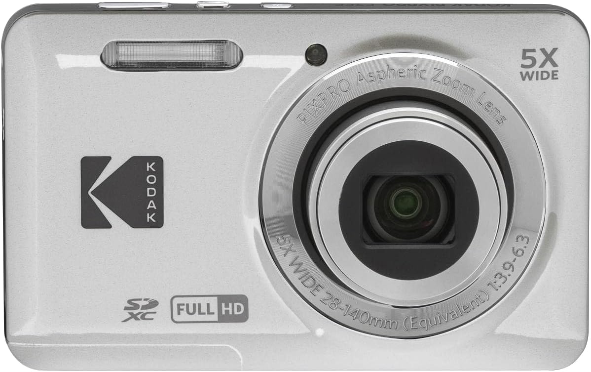 KODAK PIXPRO FZ55-BK 16MP Digital Camera 5X Optical Zoom 28mm Wide Angle 1080P Full HD Video 2.7' LCD Vlogging Camera. Bundle with SD Card and Slinger Camera Bag (Silver)