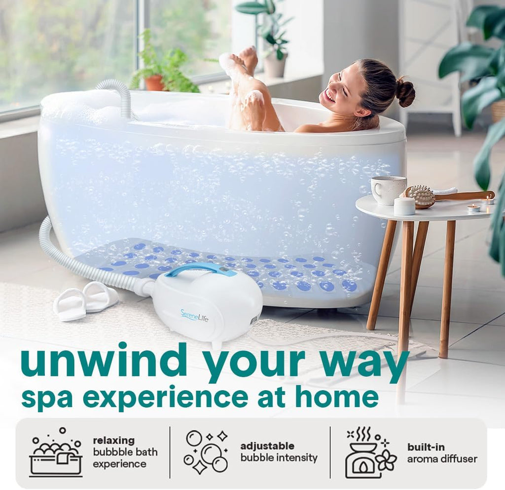 SereneLife Spa Bath Mat Full Body Massager - Portable Bubble Bath Massager with Air Jets, Remote Control, Non-Slip Adjustable Bubble Mat, Aroma Clip for Essential Oils, 47' x 14.2'