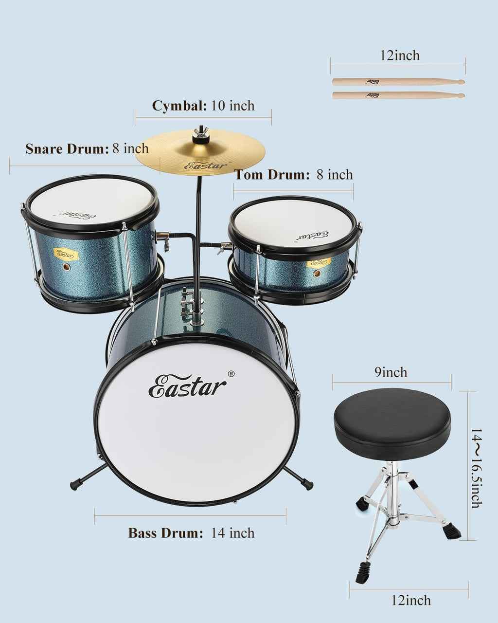 Kids Drum Set Eastar 3-Piece for Beginners, 14 inch Drum Kit with Adjustable Throne, Cymbal, Pedal & Two Pairs of Drumsticks, Junior Drum Set with Bass Tom Snare Drum, Metallic Sky Blue