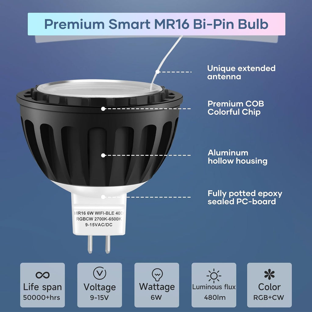 Gardencoin MR16 LED Bulb Color Changing, RGBCW Smart GU5.3 LED Bulbs Dimmable, 6W 12V Bi-Pin Base, Spotlight Bulbs Replacement for Halloween & Christmas Outdoor, WiFi Bluetooth Control (6 Pack)