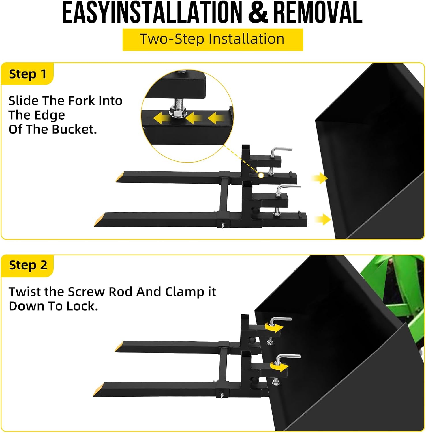 GarveeTech 60 in 4000 LBS Clamp on Pallet Forks Heavy Duty Tractor Forks with Adjustable Stabilizer Bar Quick Attach Pallet Fork for Bucket Tractor Loader Skid Steer