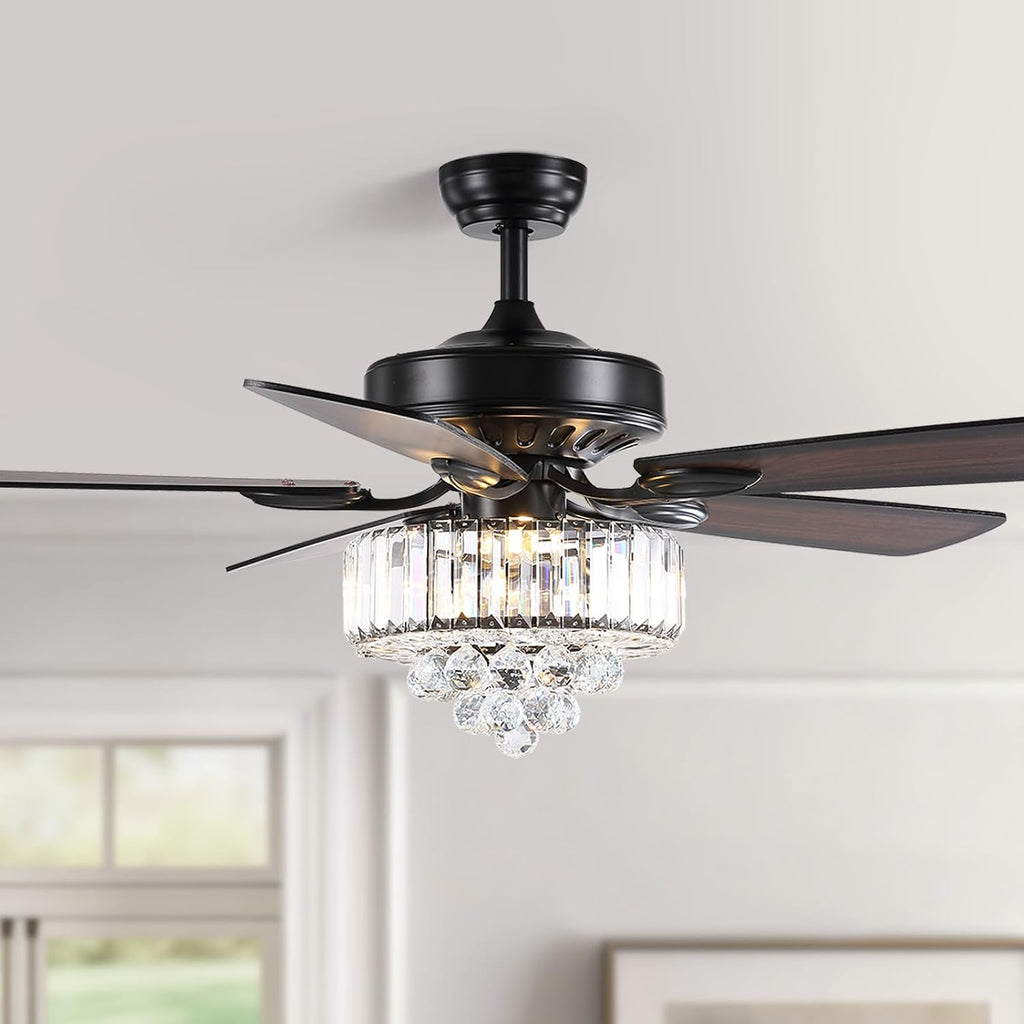 52 Inch Crystal Ceiling Fan with Lights and Remote Modern Black Chandelier Fan for Bedroom 5 Reversible Wood Blades Silent DC Motor Fandelier Ceiling Fans for Living Room Dining Room