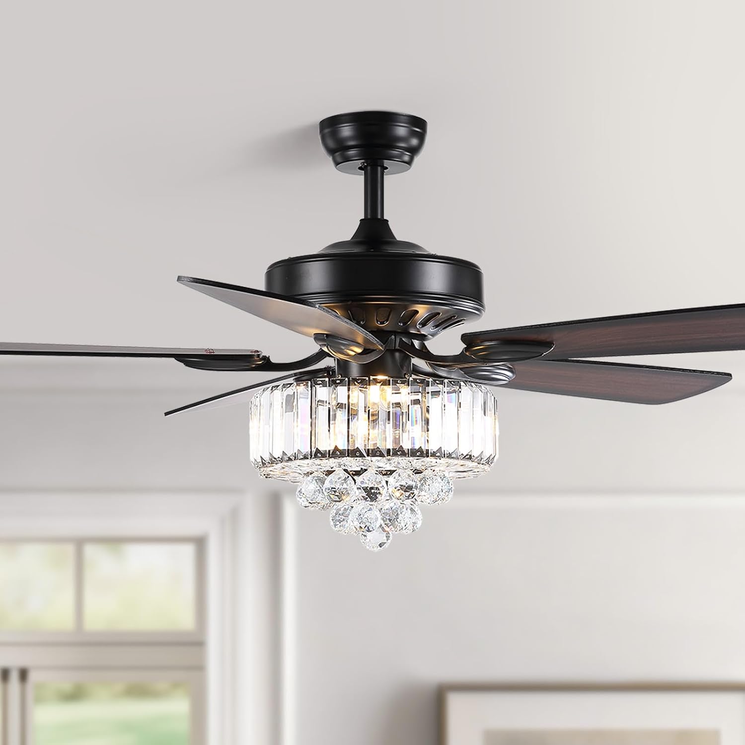 52 Inch Crystal Ceiling Fan with Lights and Remote Modern Black Chandelier Fan for Bedroom 5 Reversible Wood Blades Silent DC Motor Fandelier Ceiling Fans for Living Room Dining Room