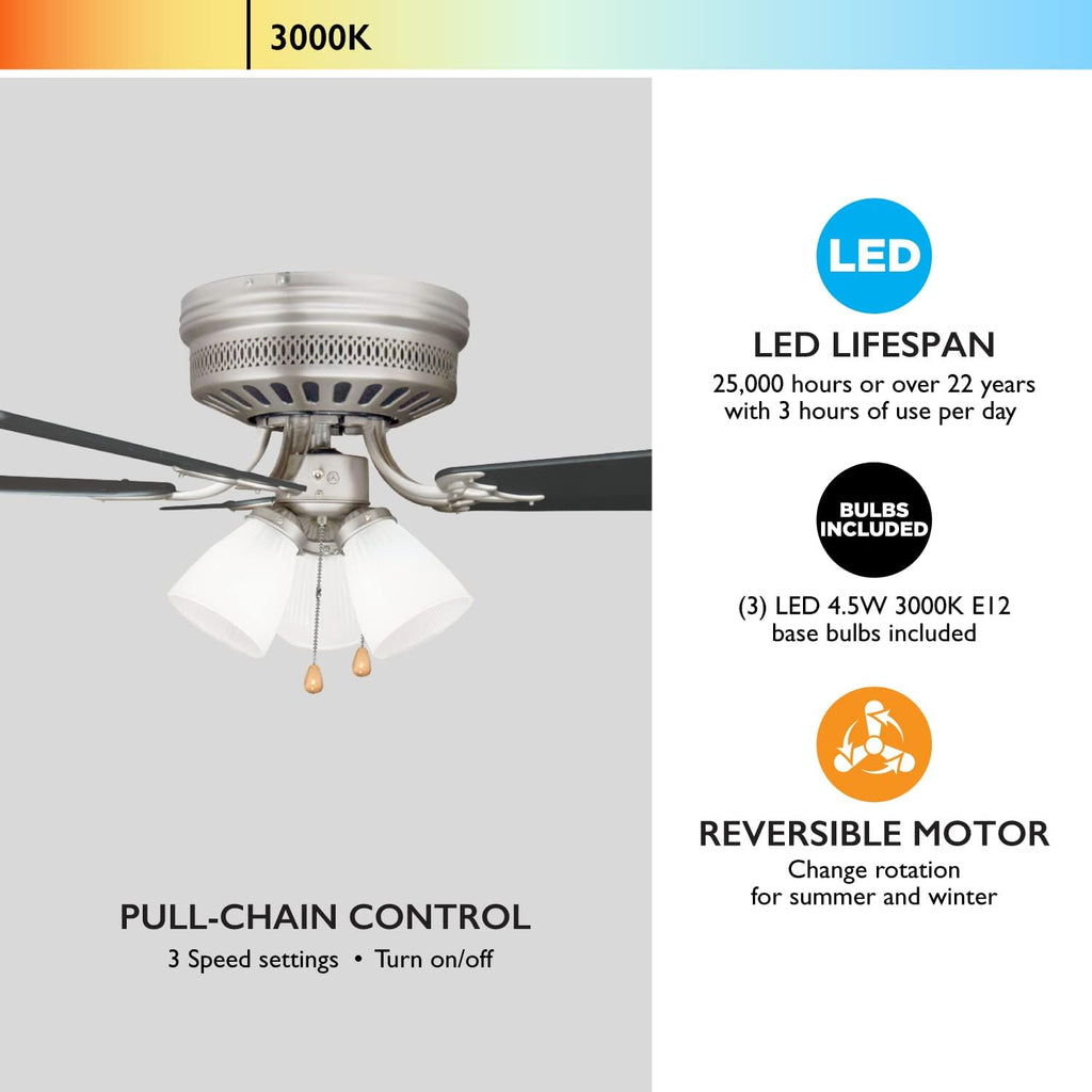 Design House Millbridge 52-Inch Hugger Ceiling Fan with LED Light Kit, 5 Reversible Blades, 3-Speed, Satin Nickel – Design House, 157388-SN