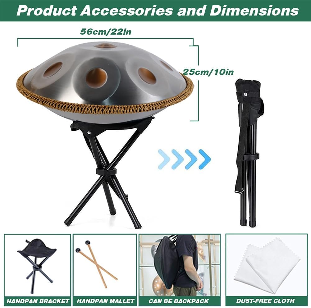 Steel Drum Handpan 22 Inches Adults Hand Pan Drum D Minor Kurd 432/440Hz 9/10/12 Notes Hand Pan Drums Instrument with Soft Bag, Mallets, Stand(440HZ/10Note)