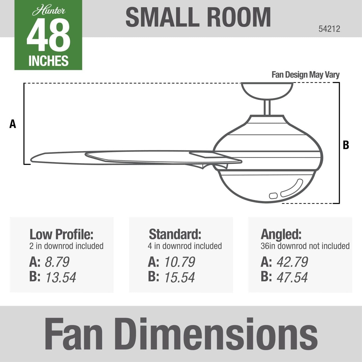 Hunter 48 inch Indoor Ceiling Fan with LED Light and Remote Control - Standard Mount Ceiling Fan, 3 Blades, For Bedroom, Living Room, or Kitchen, Quiet - Midtown 54212, Matte Nickel