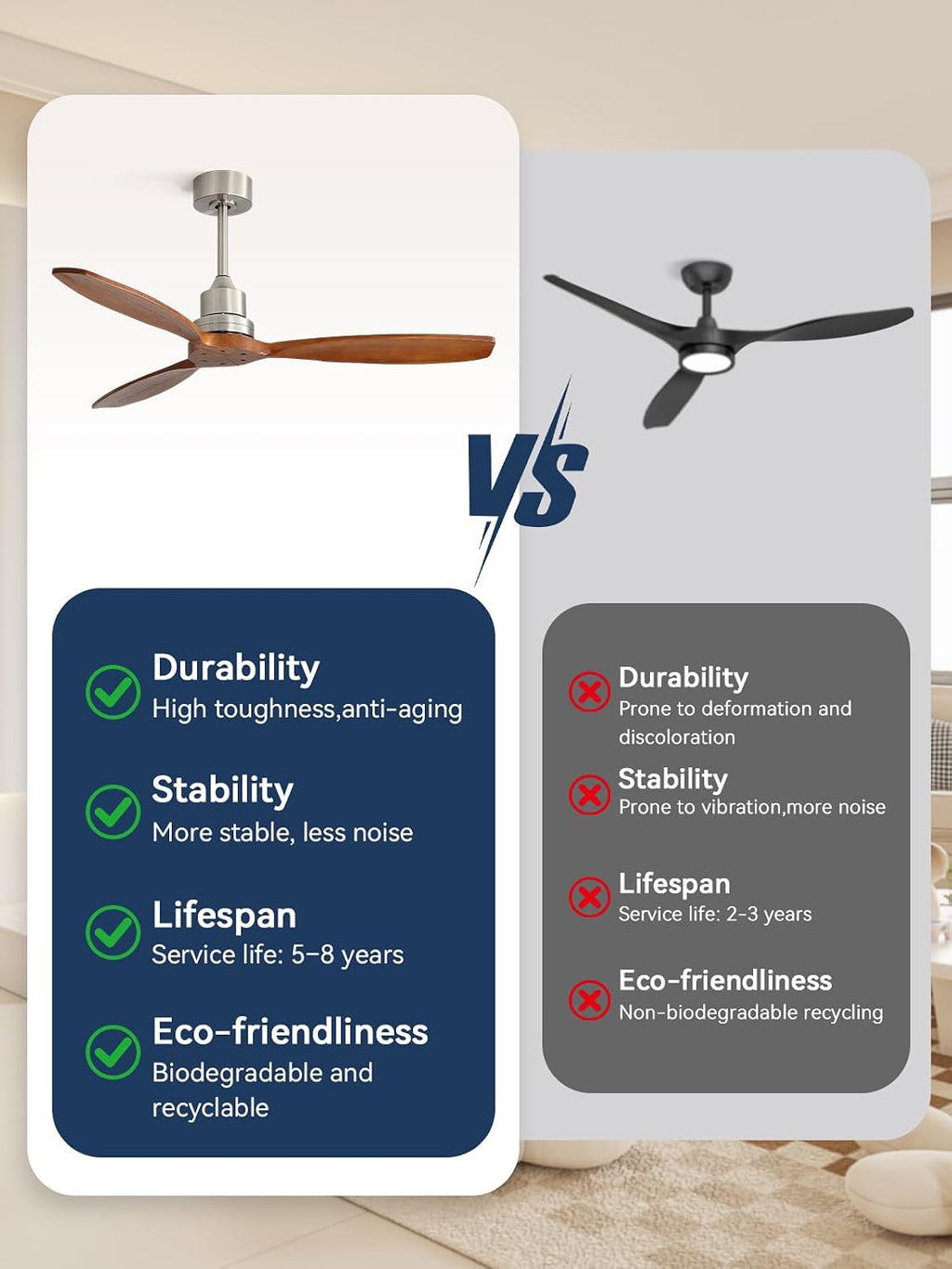 Sofucor Ceiling Fan no Lights, 52 Inch Modern Wood Ceiling Fan with Remote, for Indoor Bedroom Living Room Outdoor Patio Porch, Reversible DC Motor, Brown