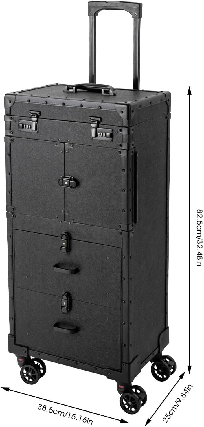 Rolling Makeup Case, Cosmetic Organizer Trolley Train Case with Keys, Large Storage Swivel Wheels Salon Barber Traveling Trunk for Make Up Hairstylists Nail Tech (Black with 4Keys)