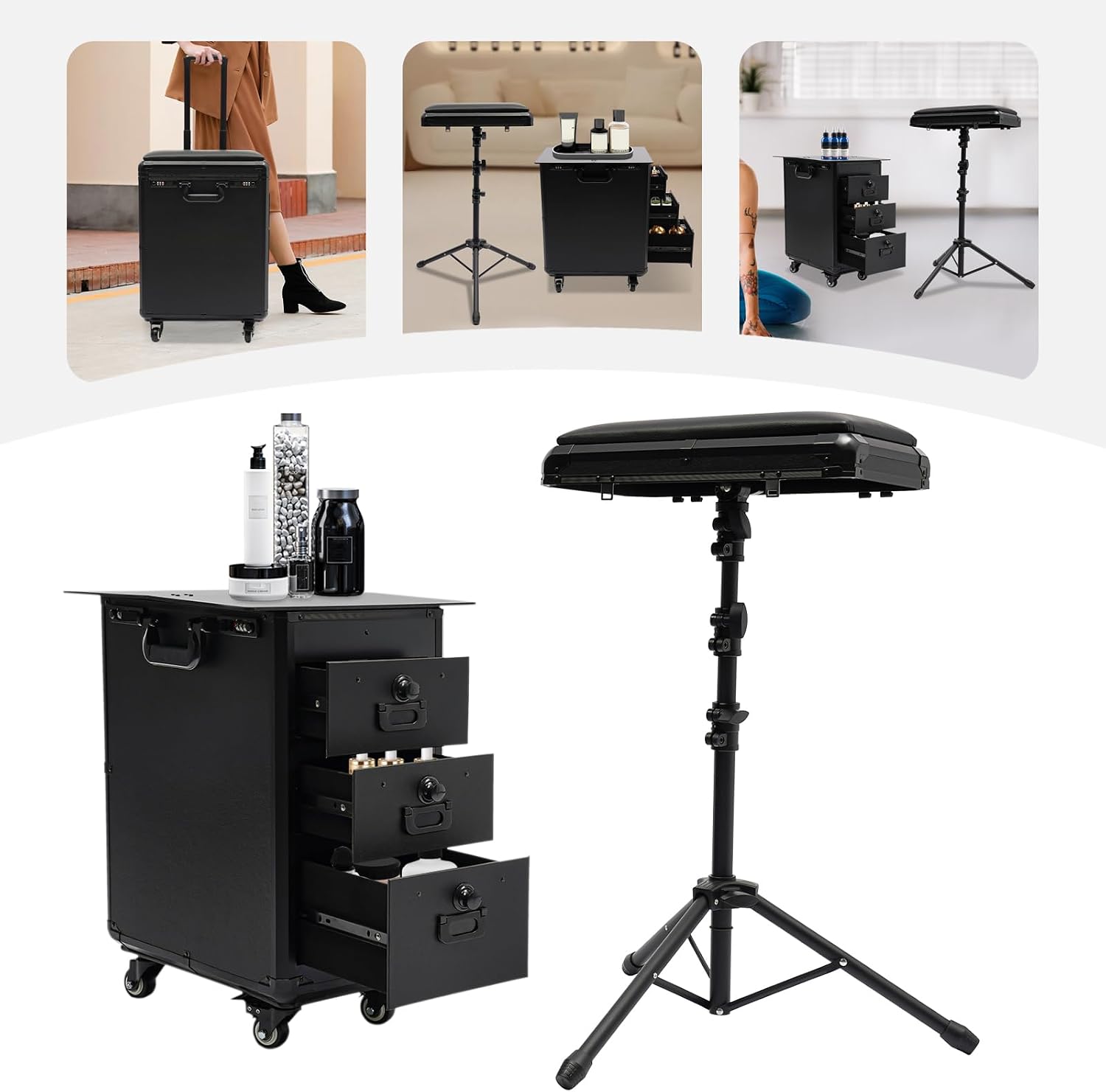 Tattoo Trolley Case, Rolling Makeup Case with Armrest Stand & 3 Drawers & Code Lock Portable Travel Equipment with 4 Universal Wheels Adjustable Make Up Workstation Makeup Station Suitcase Black