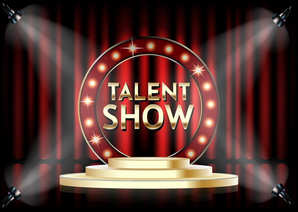 BELECO 20x10ft Fabric Talent Show Backdrop Red Stage Curtain with Spotlight Gold Stage Background Drama Play Talk Show Music Party Decorations Banner Photo Props